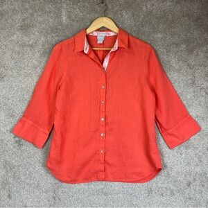 Chico’s Shirt Womens 0 Orange Linen 3/4 Sleeve Button Front Non Iron- 4055